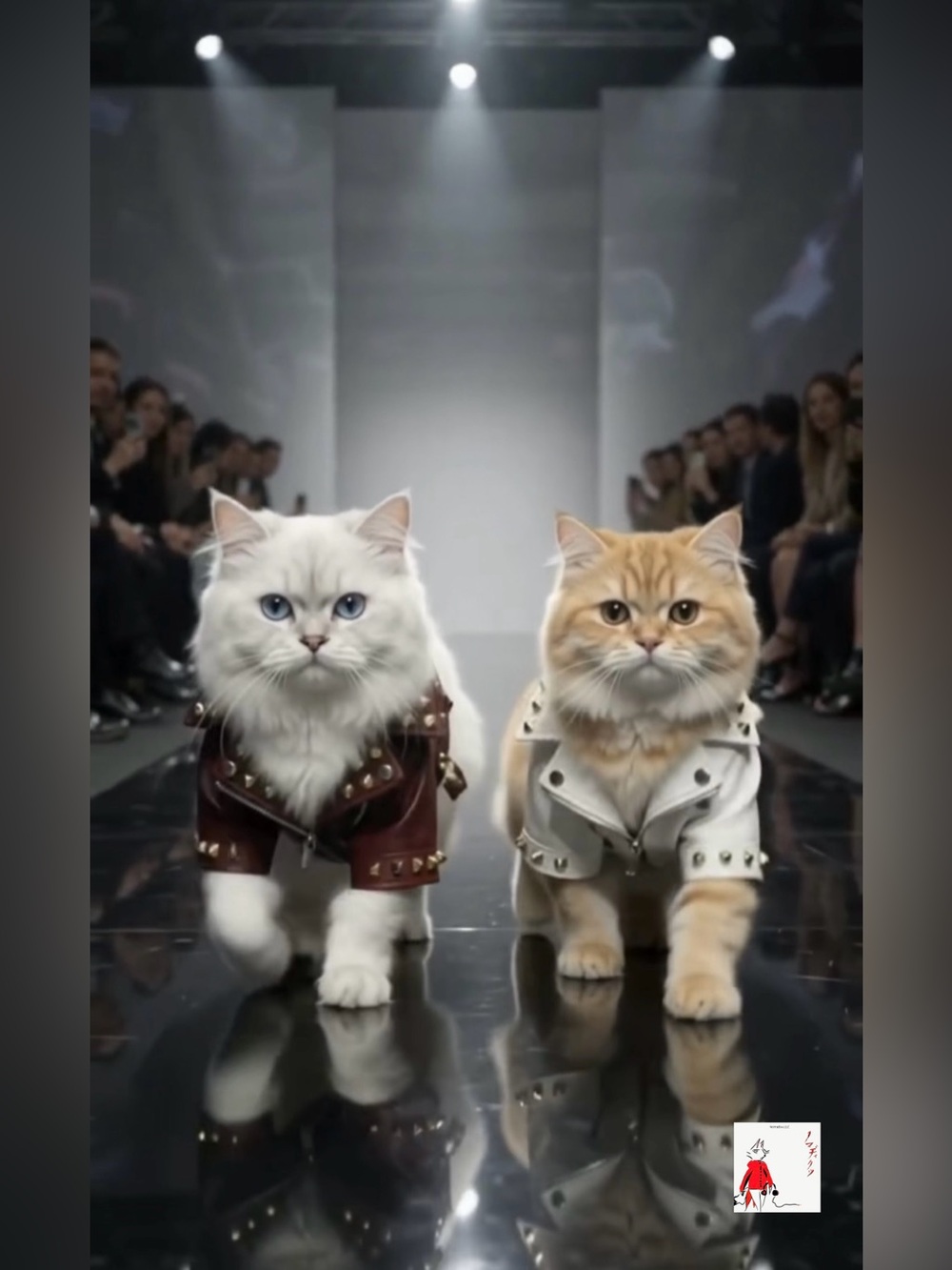 Fashion Runway Cats Art Print - White and Brown Cat Duo